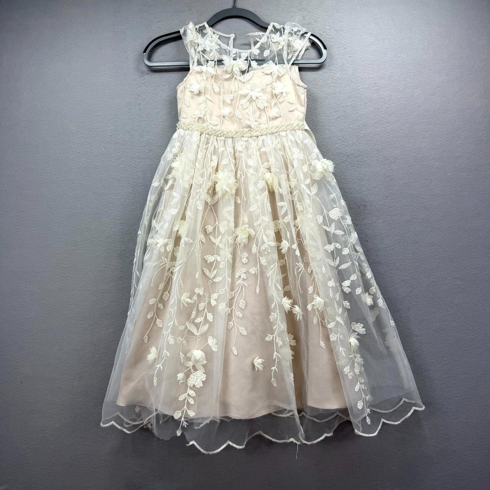Chantilly Place Party Dress Girls 6X Cream 3D Lace Flower Beaded Sash Back Zip